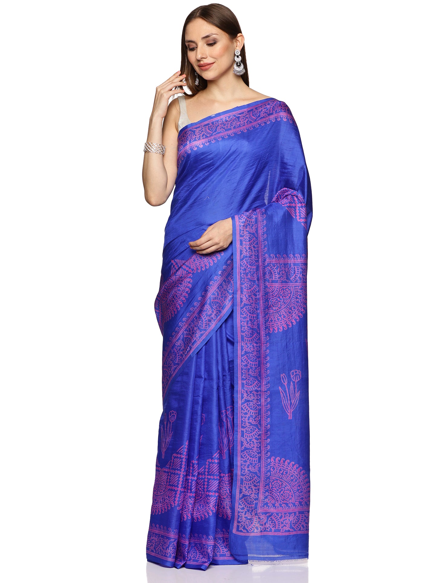 Blue Block printed Bishnupur Silk Saree