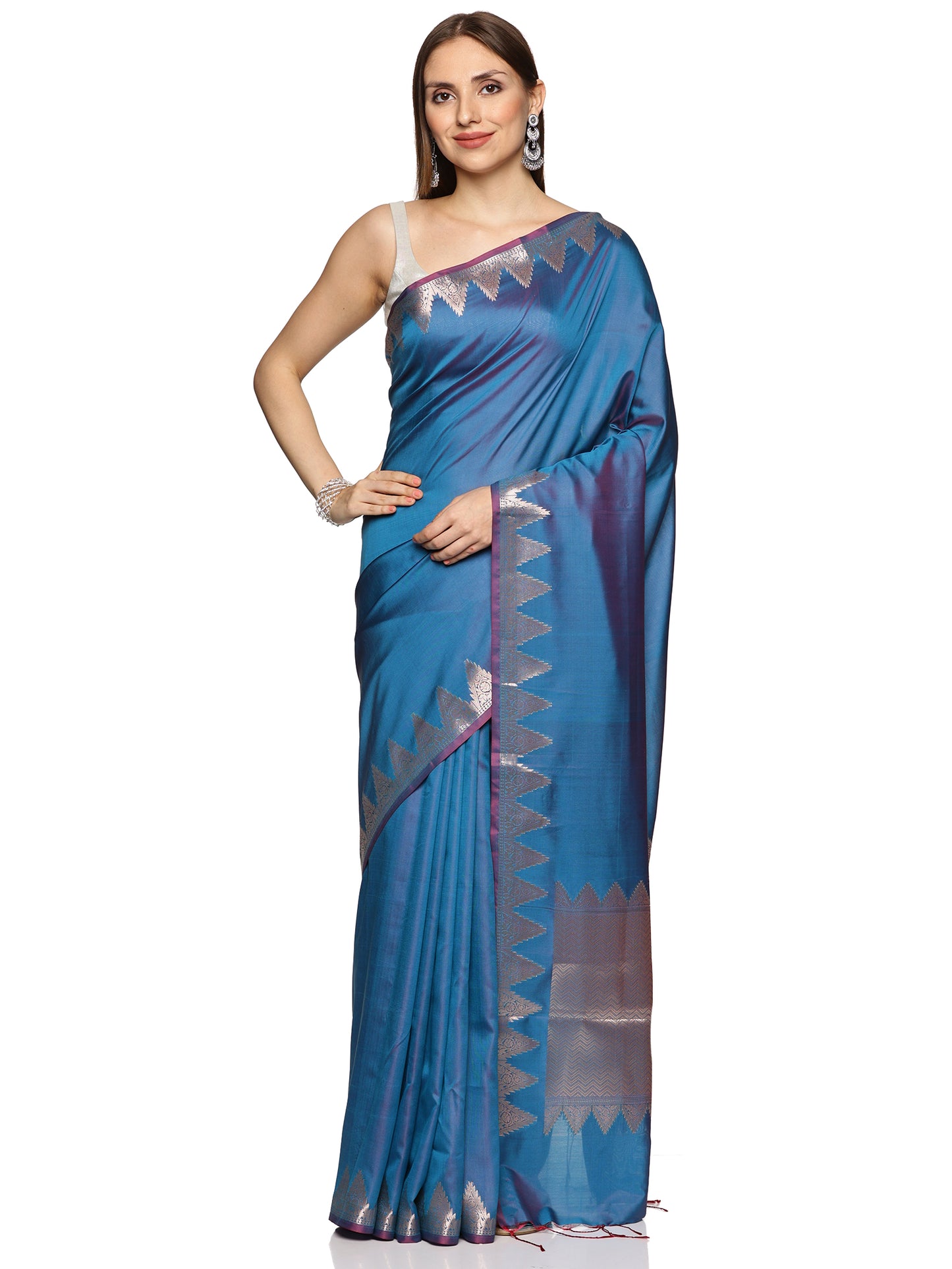 Blue Temple Border Pure Silk Banarasi Saree