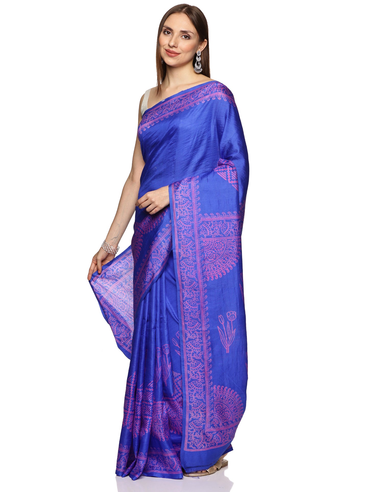 Blue Block printed Bishnupur Silk Saree