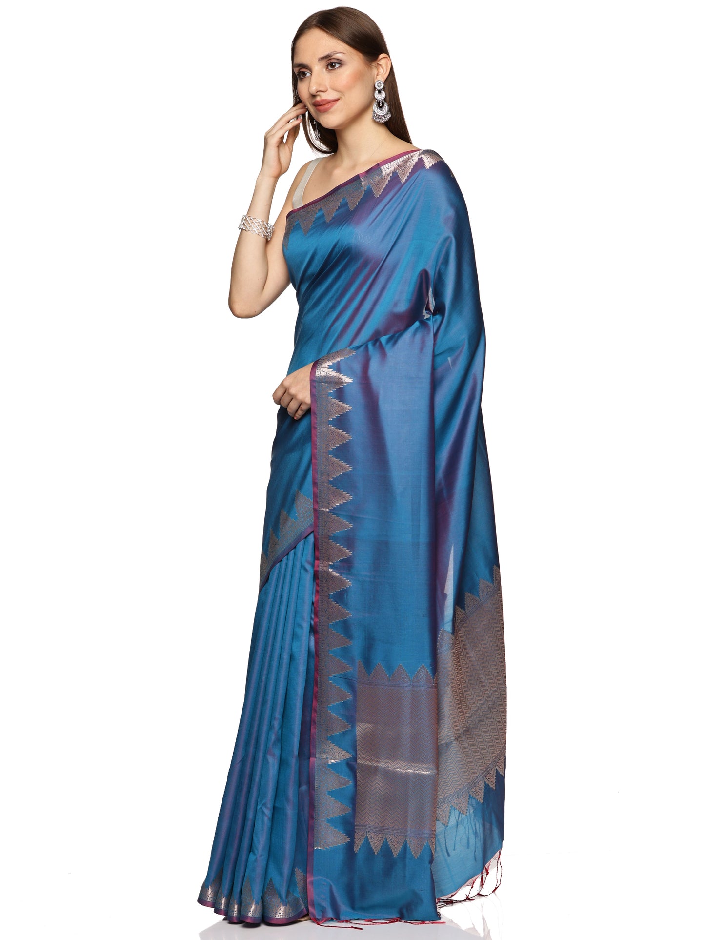 Blue Temple Border Pure Silk Banarasi Saree