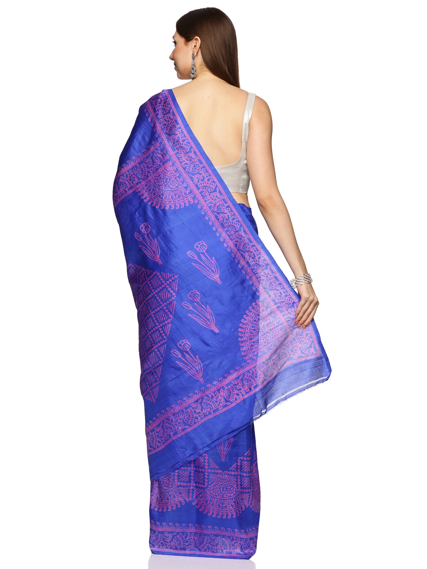 Blue Block printed Bishnupur Silk Saree