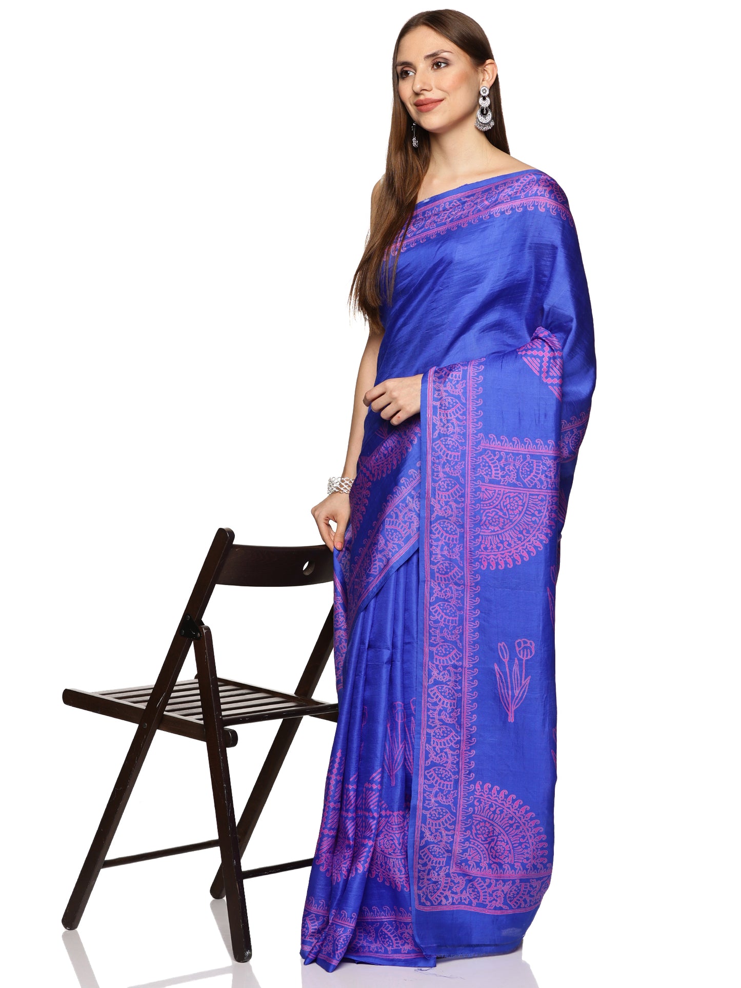 Blue Block printed Bishnupur Silk Saree