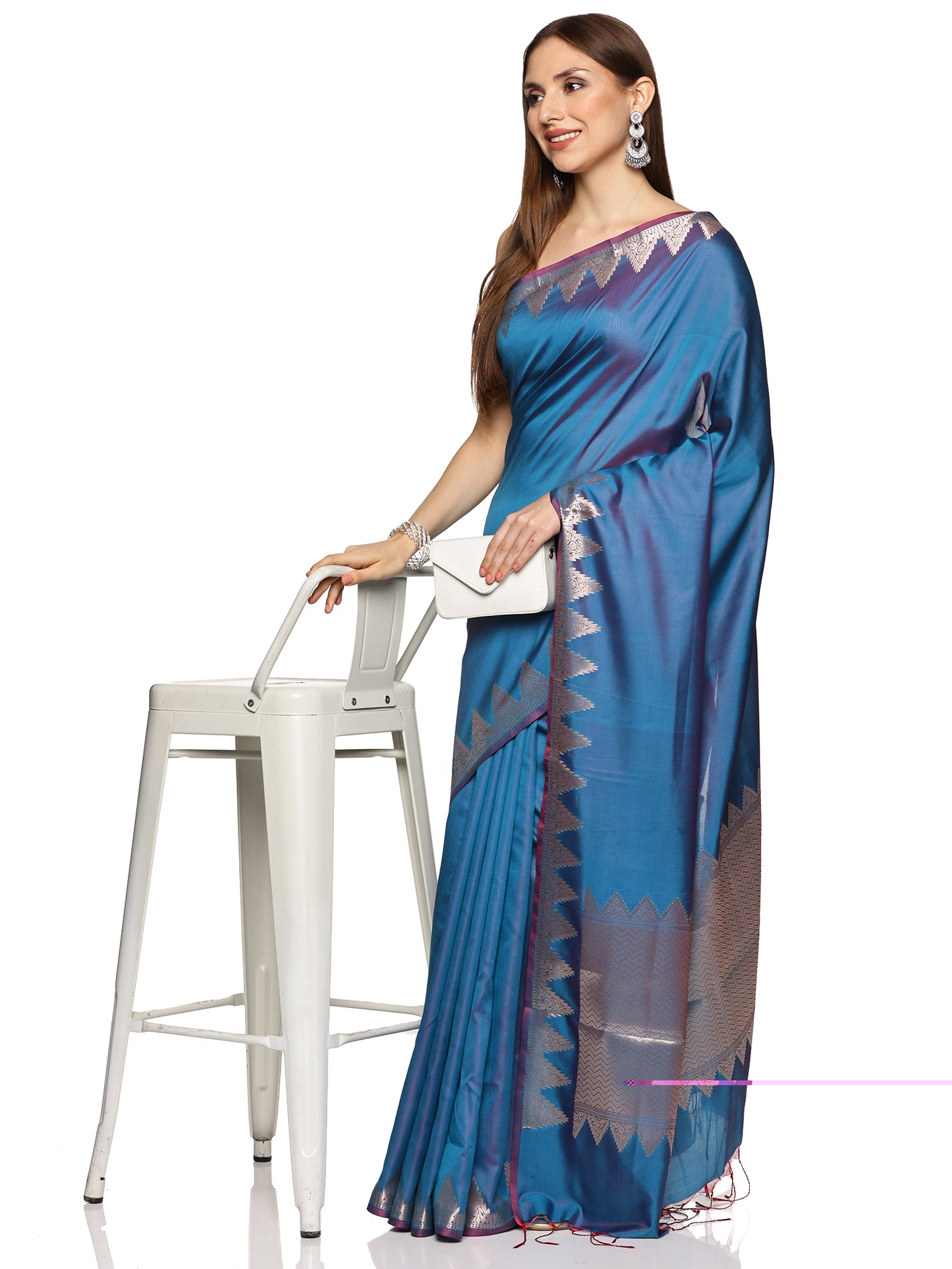 Blue Temple Border Pure Silk Banarasi Saree