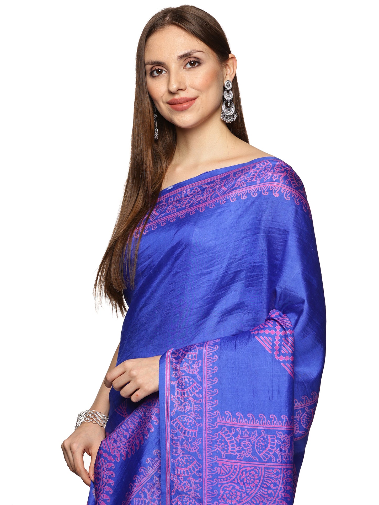 Blue Block printed Bishnupur Silk Saree