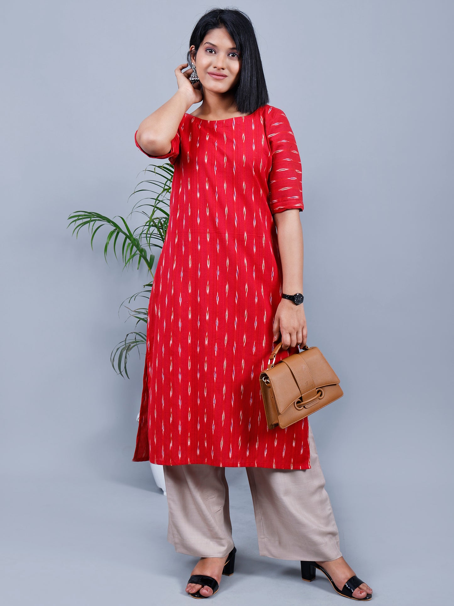 Red Ikat Simple Round Neck Kurta