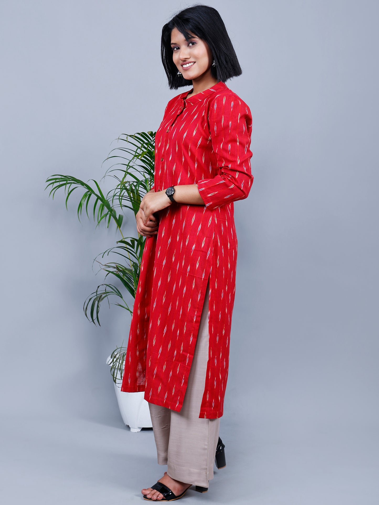 Red Ikat Long Kurthi Collar Kurta
