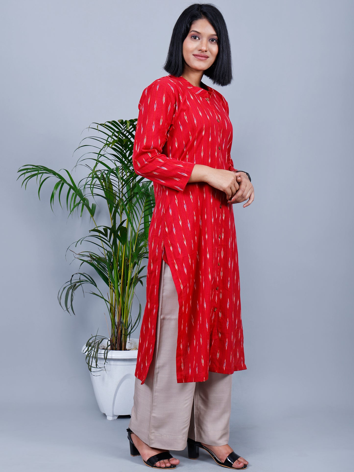 Red Ikat Long Kurthi Collar Kurta