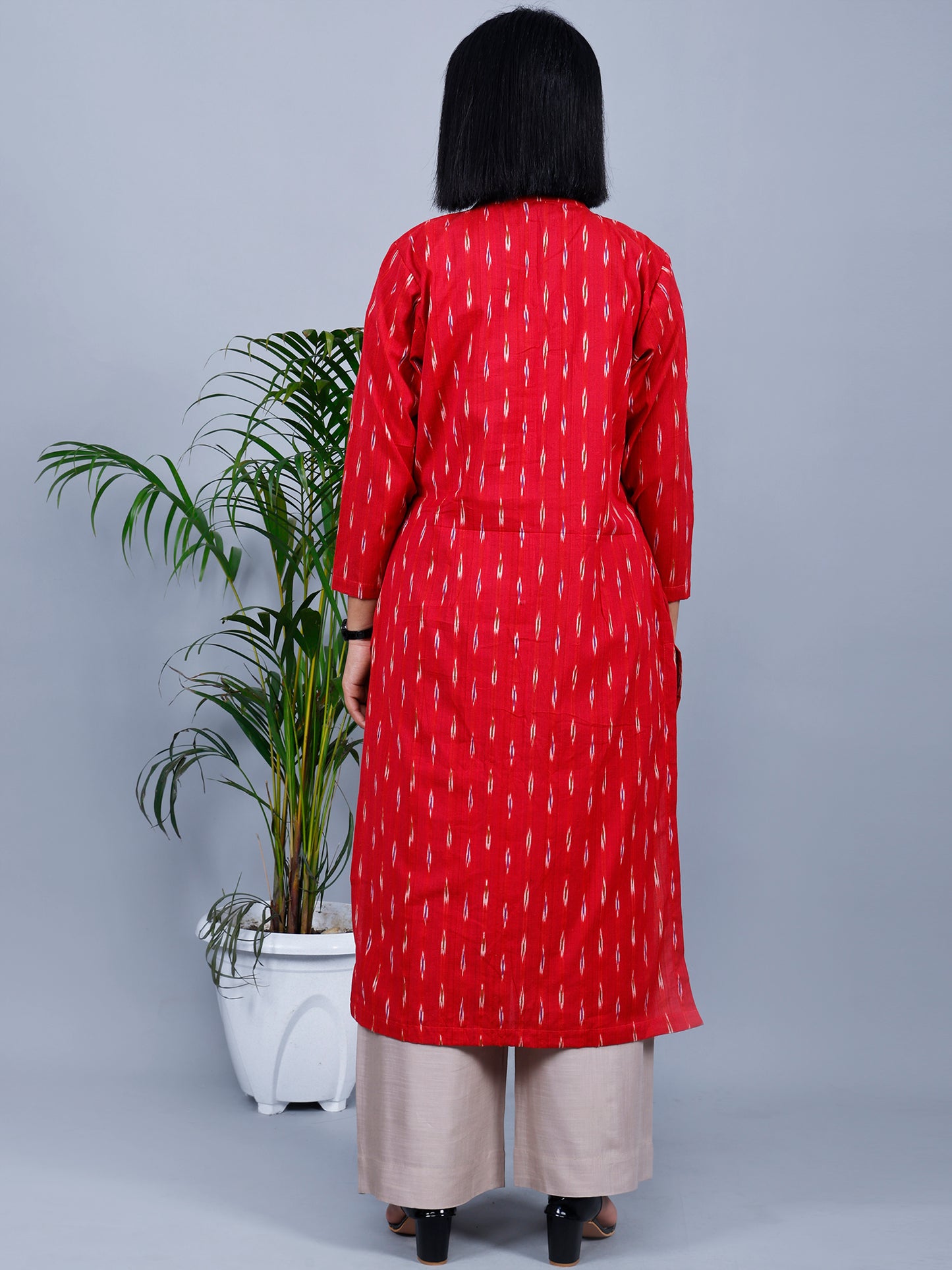 Red Ikat Long Kurthi Collar Kurta