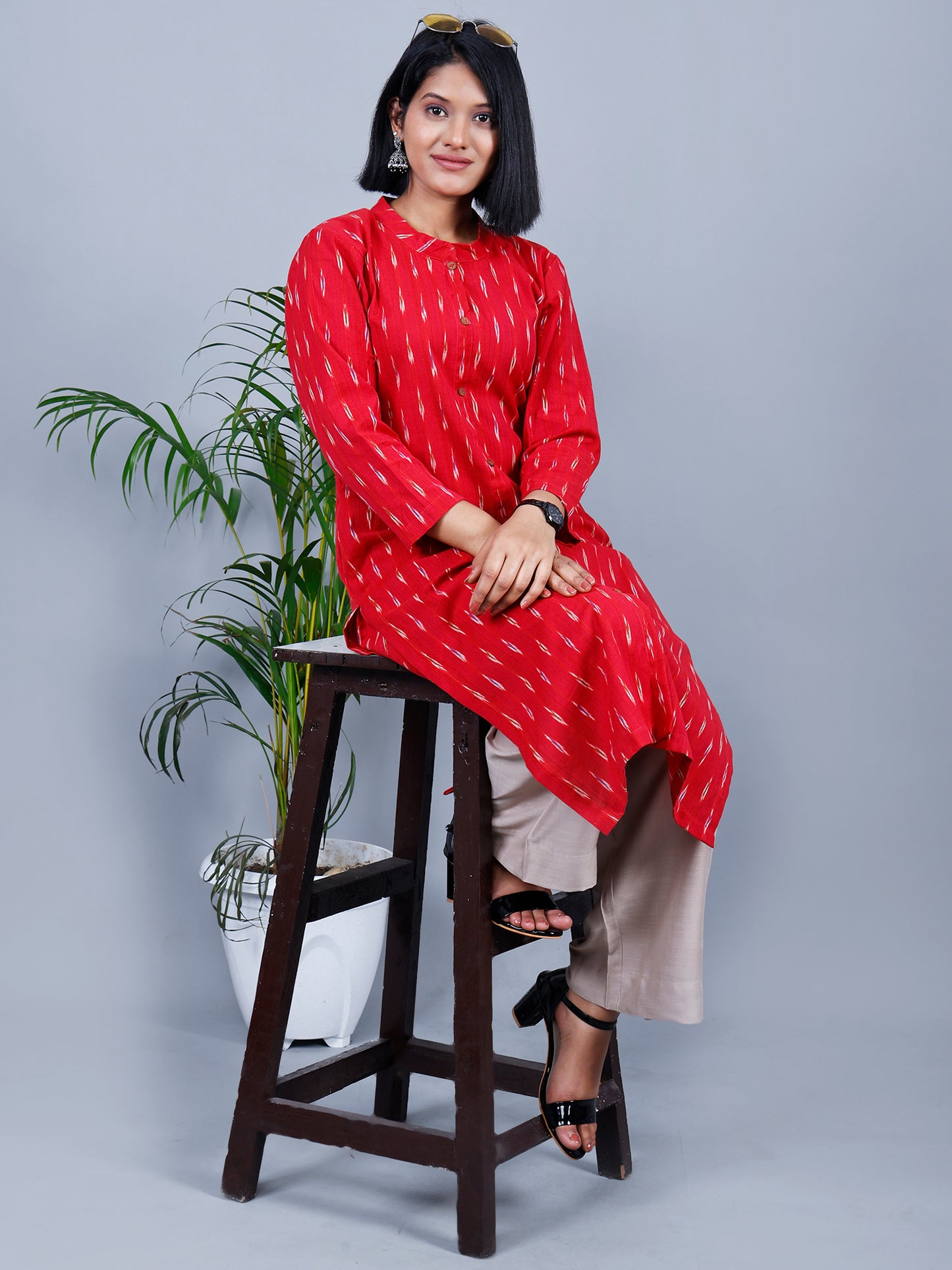 Red Ikat Long Kurthi Collar Kurta