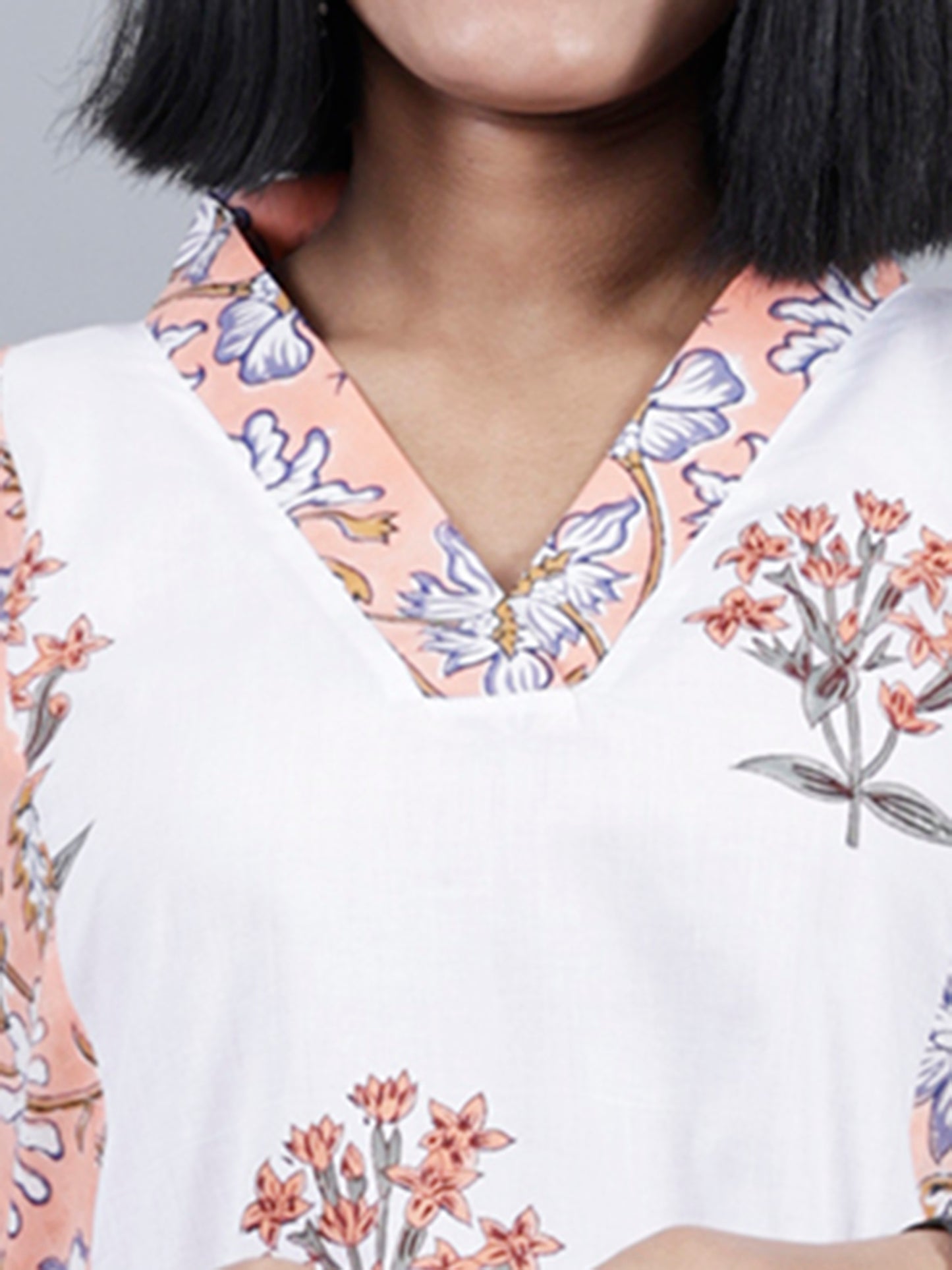 White & Pink Block Printed A-Line Kurta
