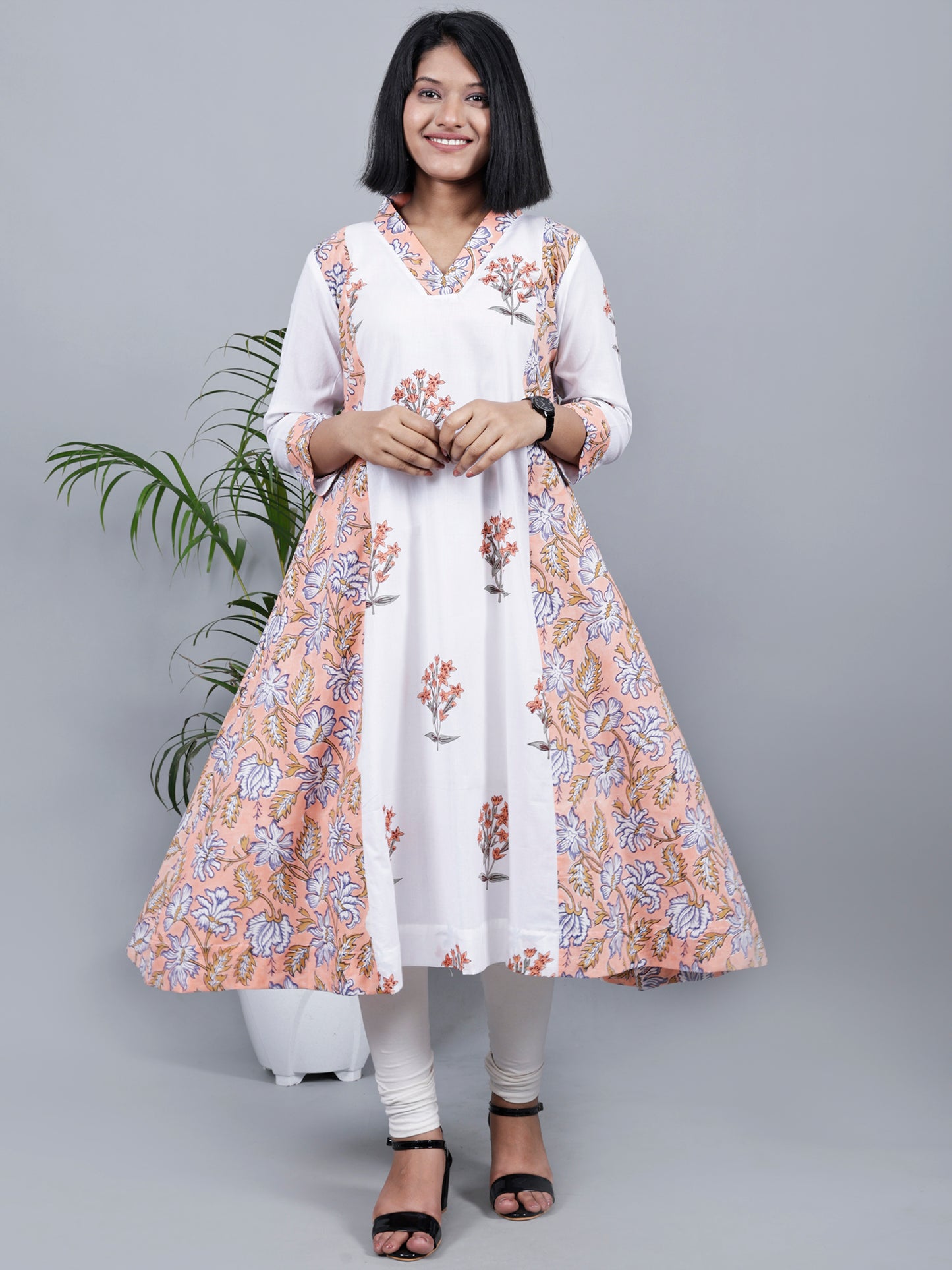 White & Pink Block Printed A-Line Kurta