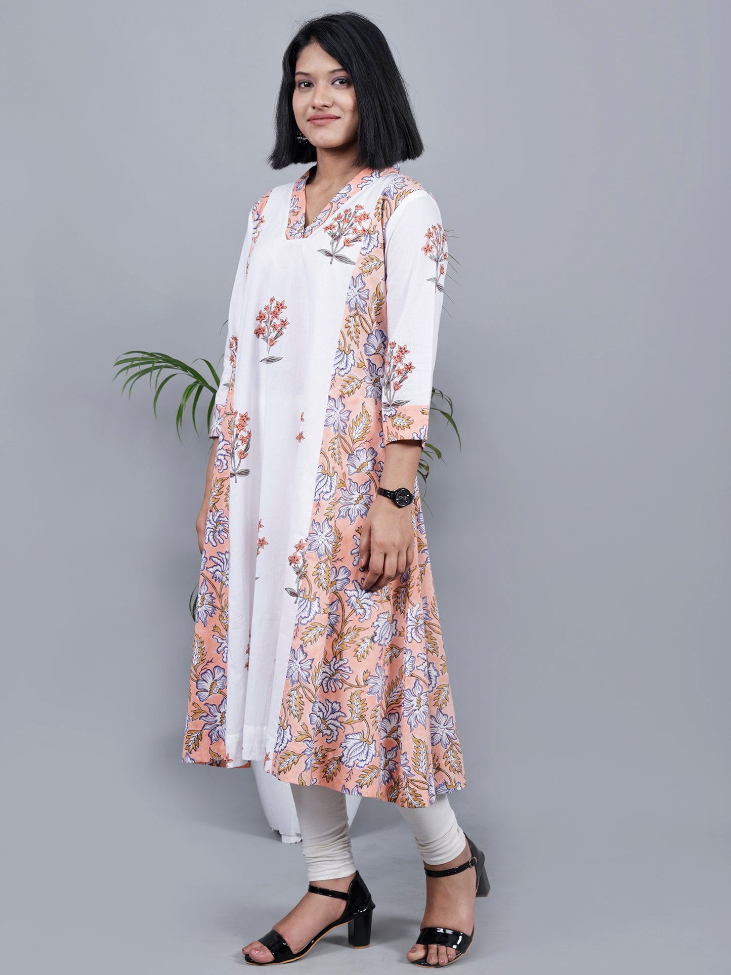 White & Pink Block Printed A-Line Kurta