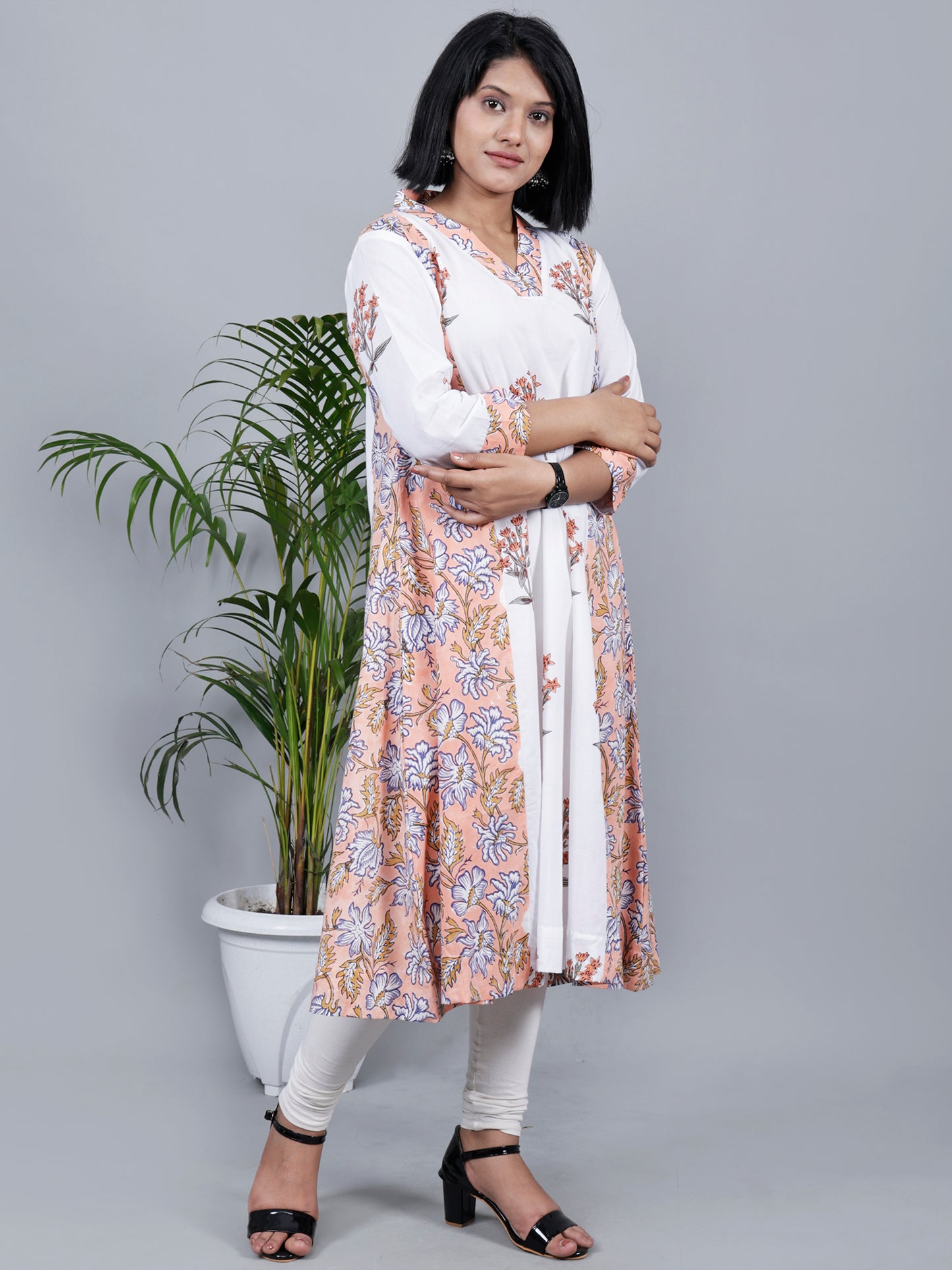 White & Pink Block Printed A-Line Kurta