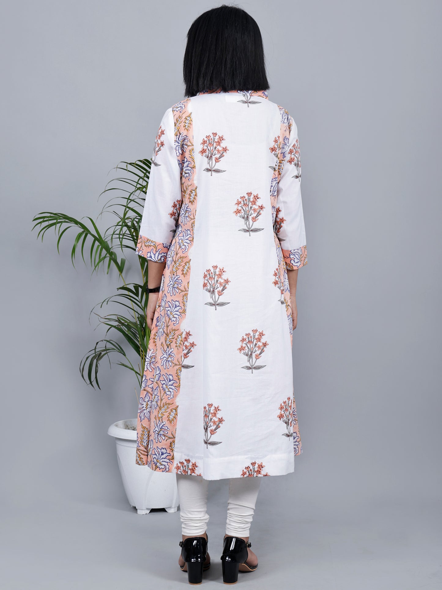White & Pink Block Printed A-Line Kurta