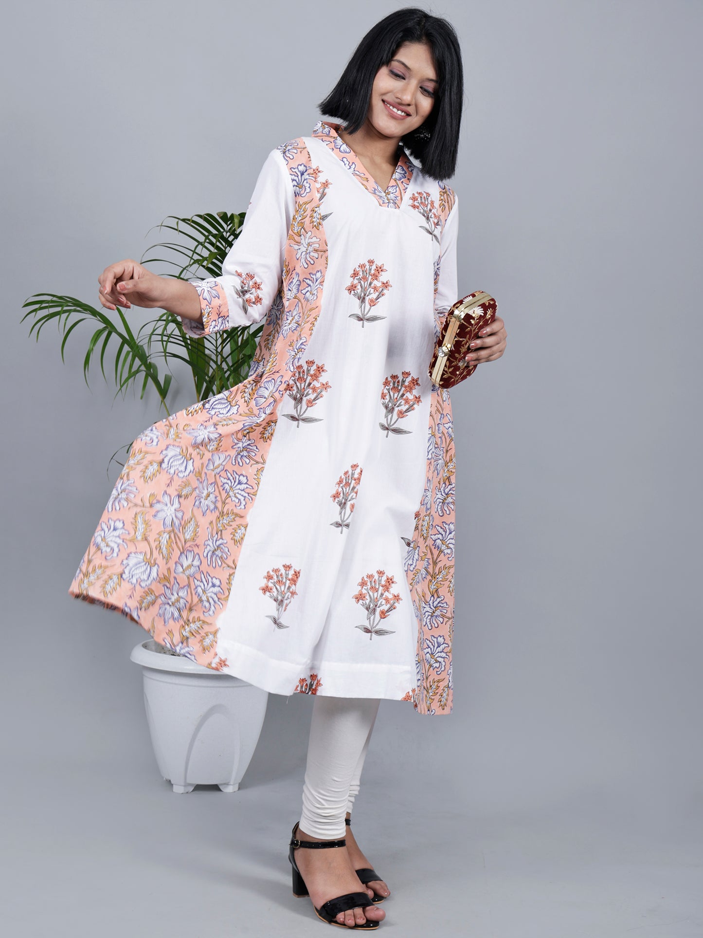 White & Pink Block Printed A-Line Kurta