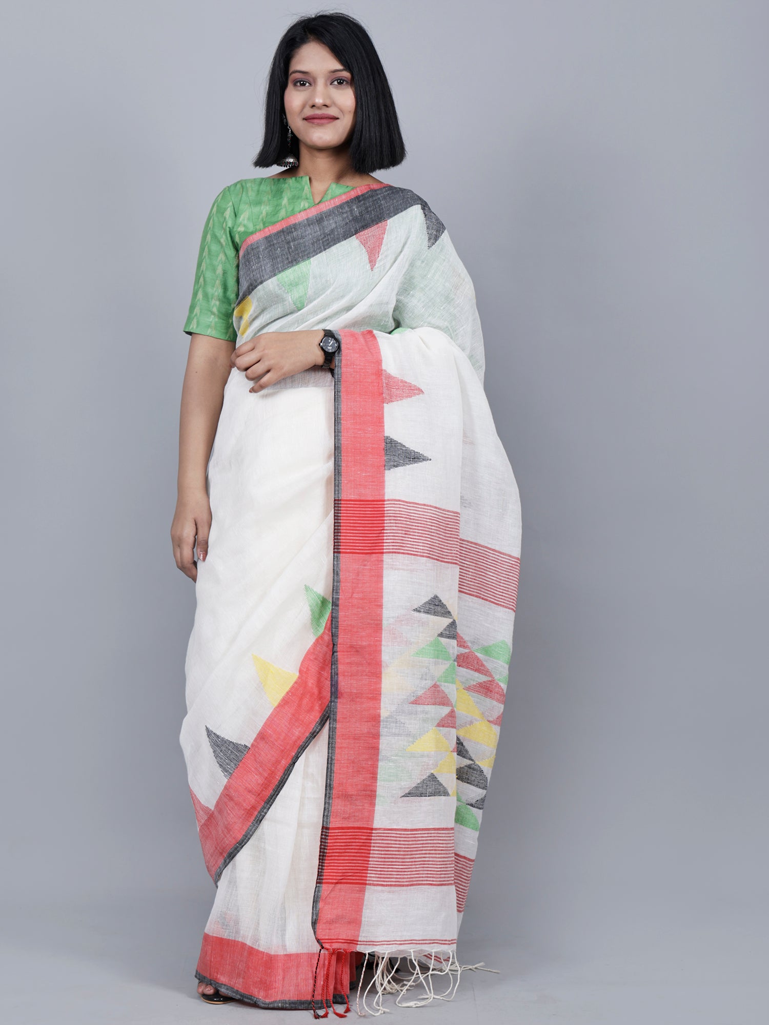 White & Red Jamdani Work Linen Saree