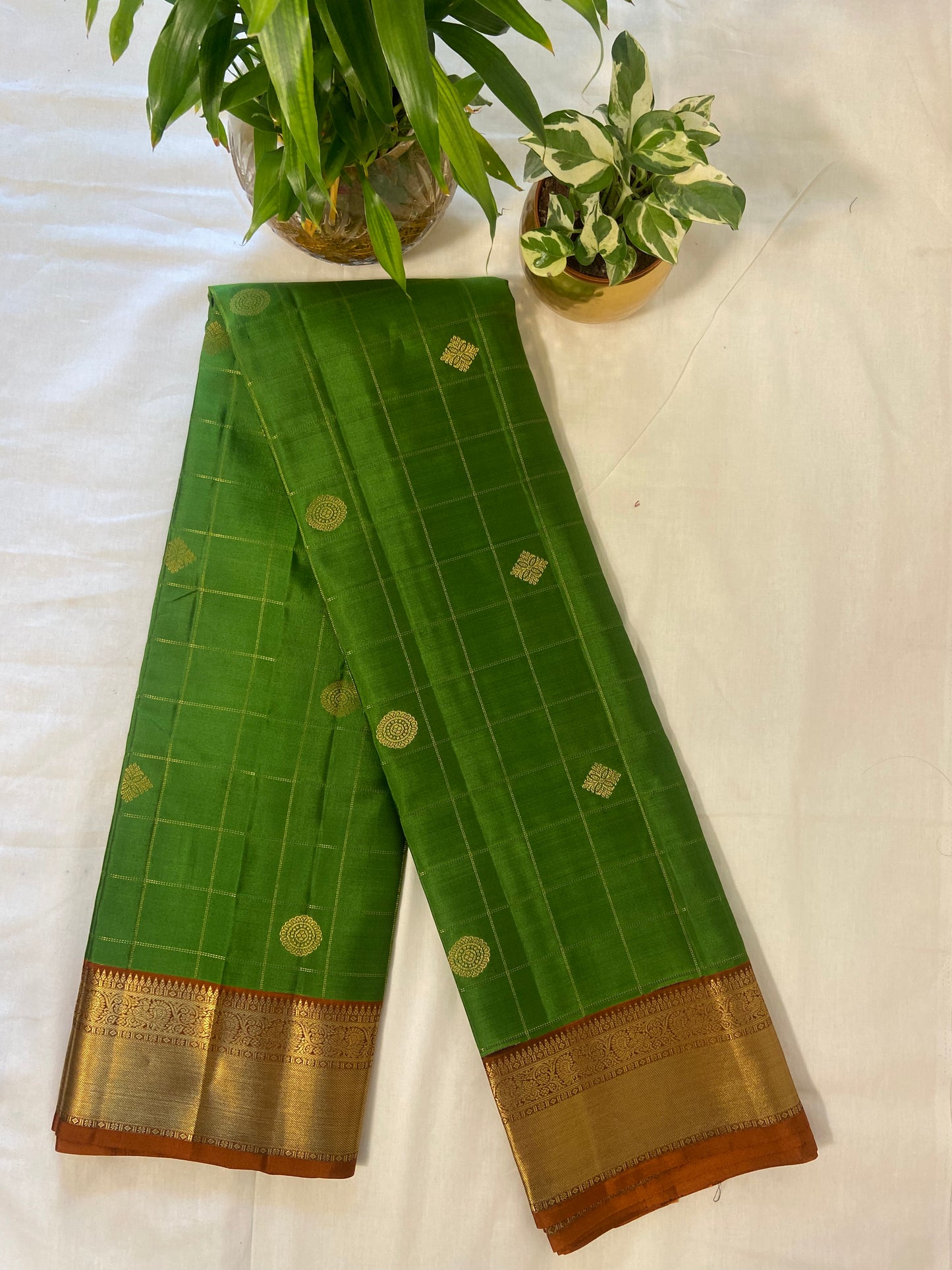 Kanjipuramm Pure Silk Alovera Jeri Chequed Saree