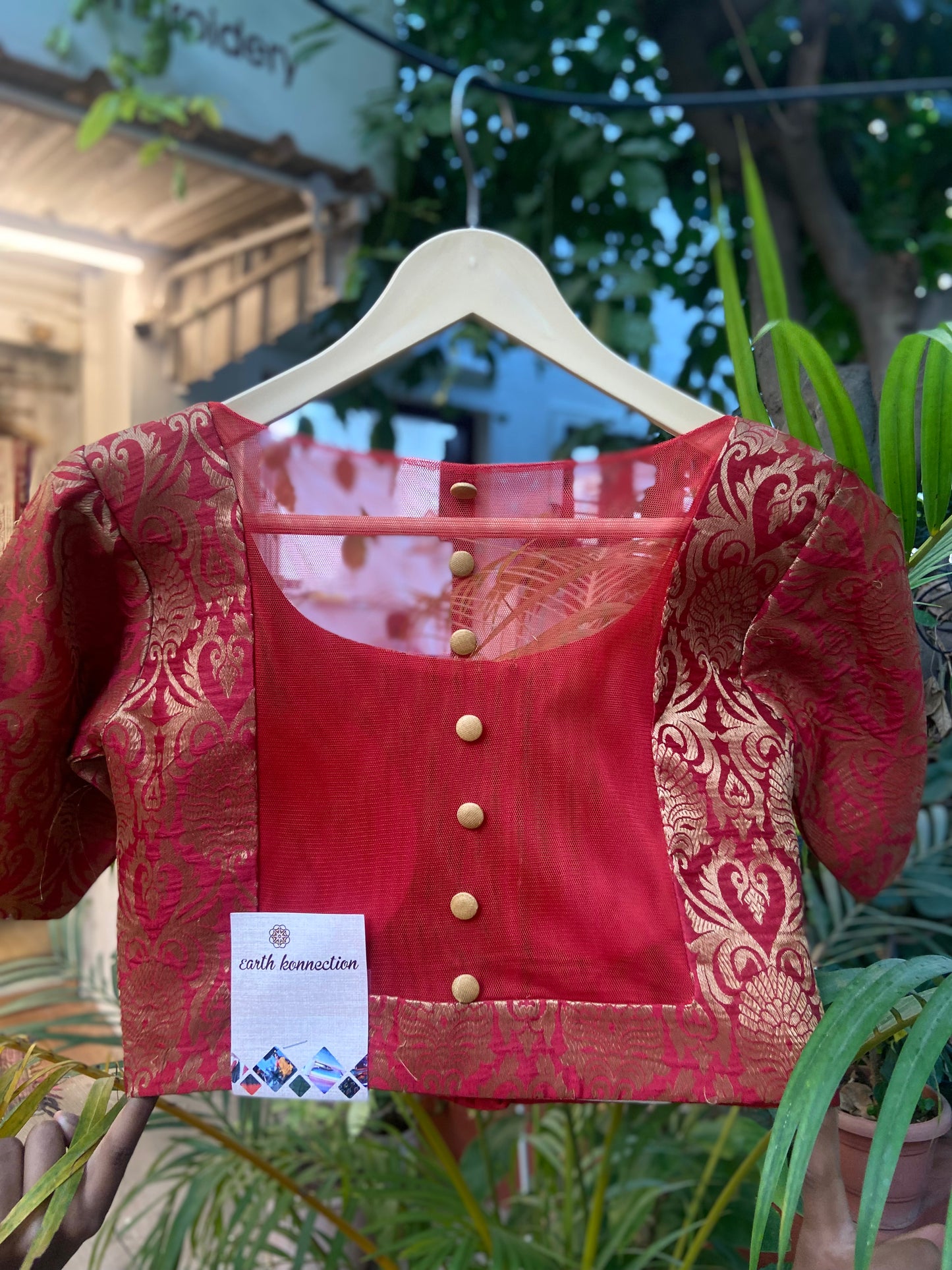Red Sheer back brocade blouse