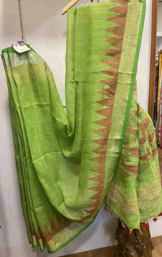 Parrot Green Jamdani Work Linen Saree