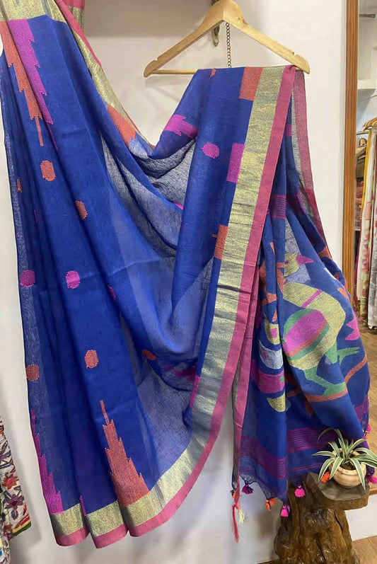 Royal Blue Jamdani Work Linen Saree
