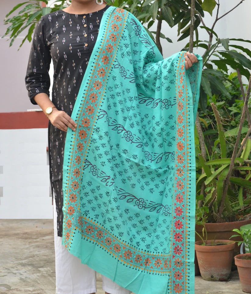 Sea Green Block Kantha Dupatta