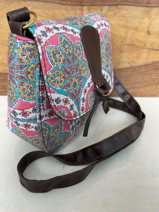 Block printed pink and blue sling bag