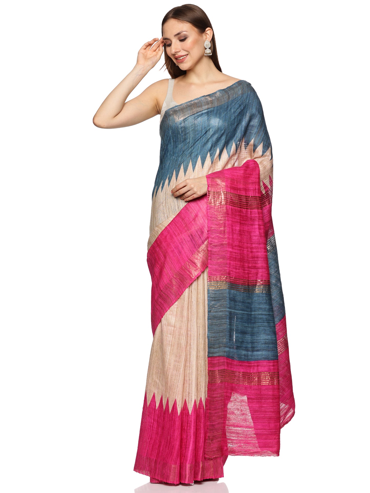 Blue and Pink Pure Gicha Tussar Saree