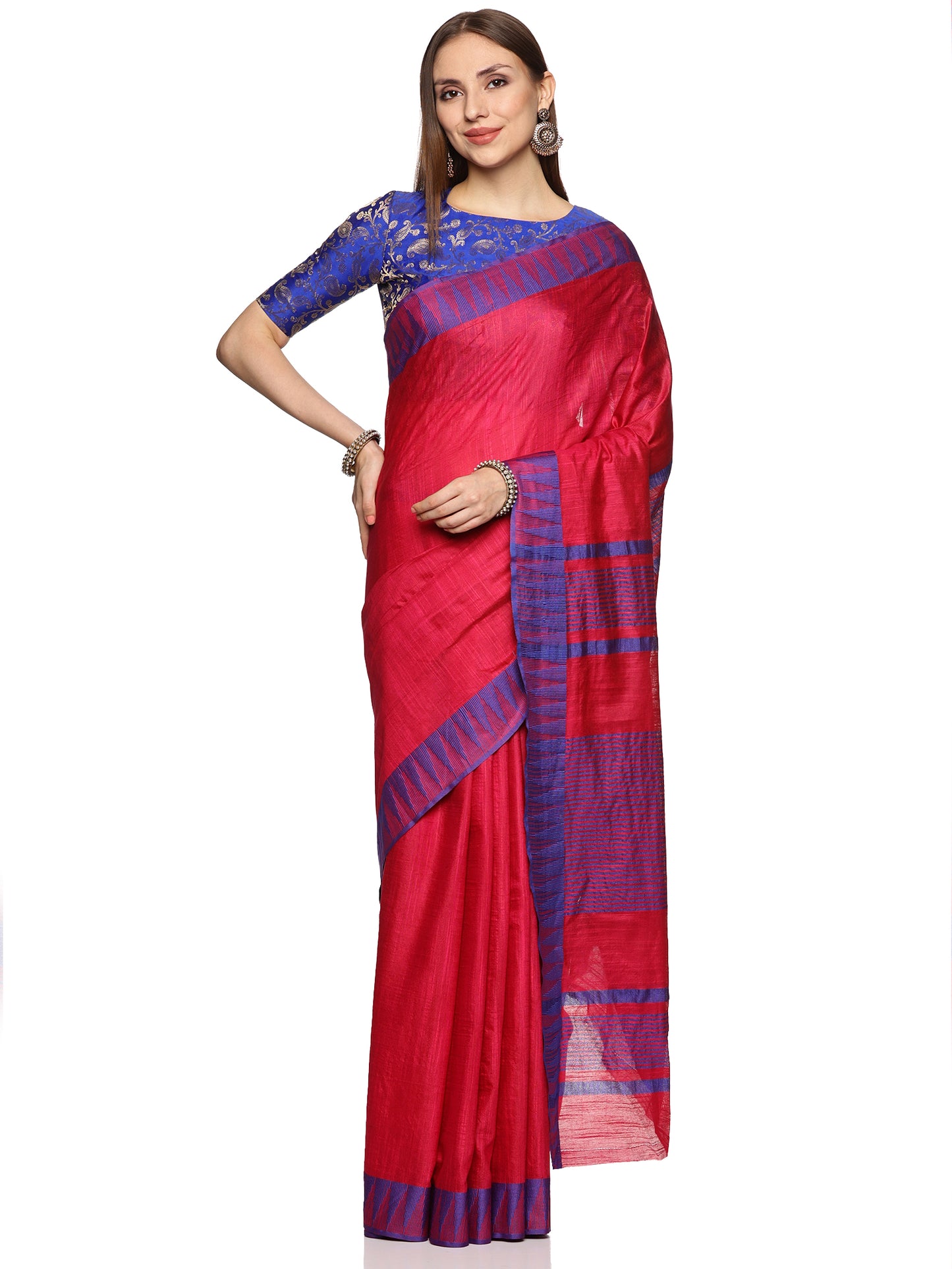 Red & Blue Pure Cotton Silk temple Border Saree