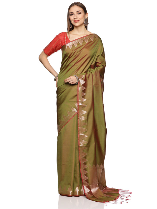 Green & Red Temple Border Pure Silk Banarasi Saree