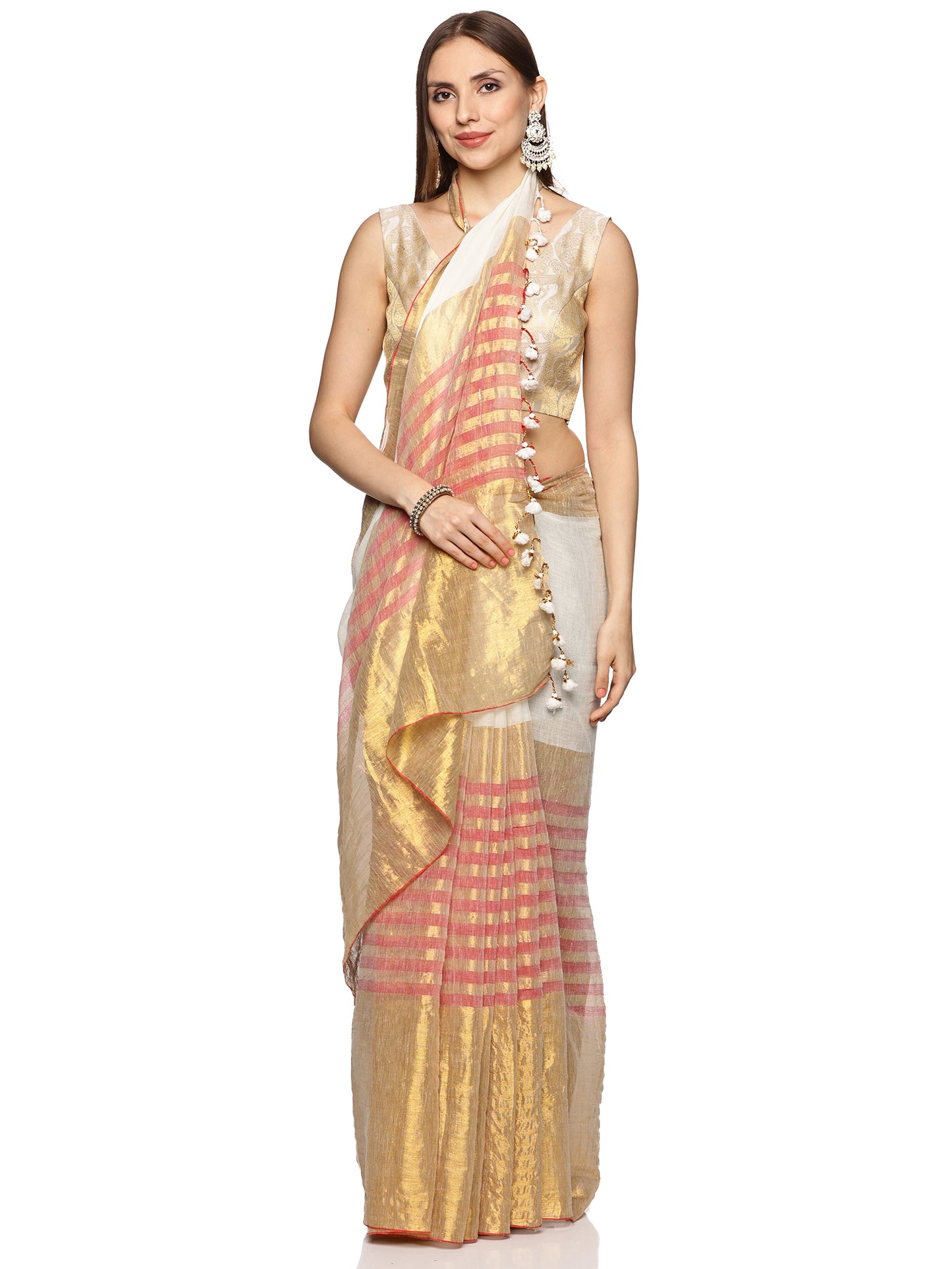 Gold White Malmal Cotton Jari Designer Saree