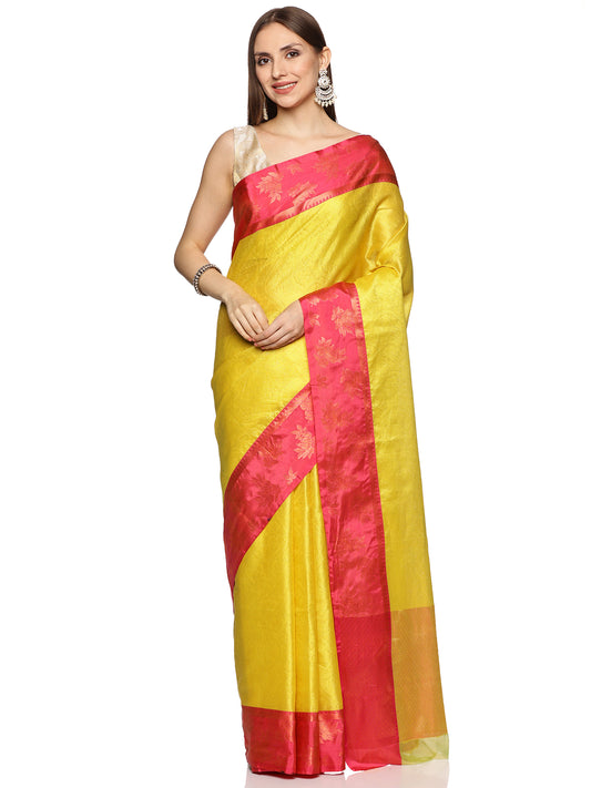 Yellow Red Silk Cotton Brocade Banarasi Saree