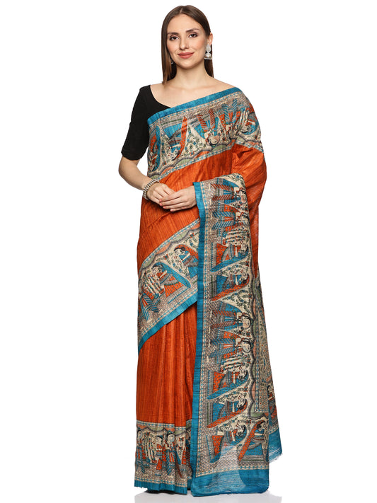 Orange & Blue border Pure Ghicha Tussar Saree