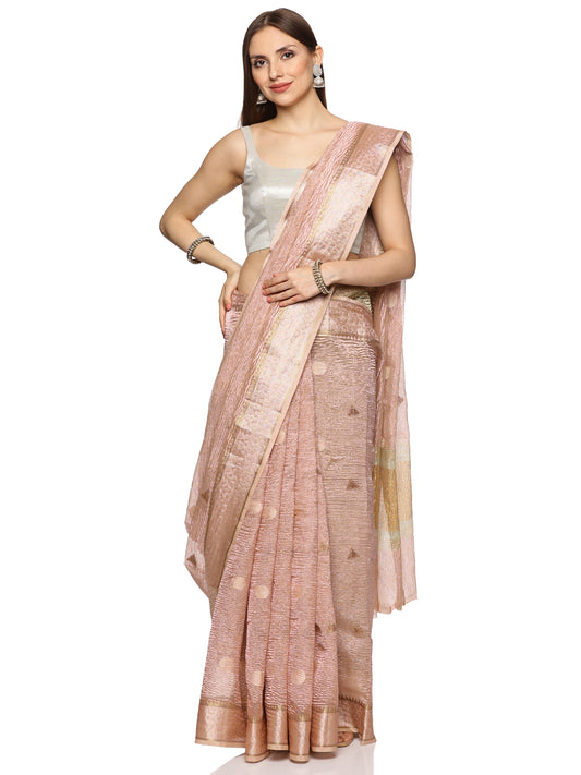 Pink & Silver Crushed Tissue Banarasi Saree