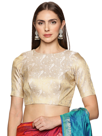 White and golden Banarasi Backless padded Blouses with Tie-ups