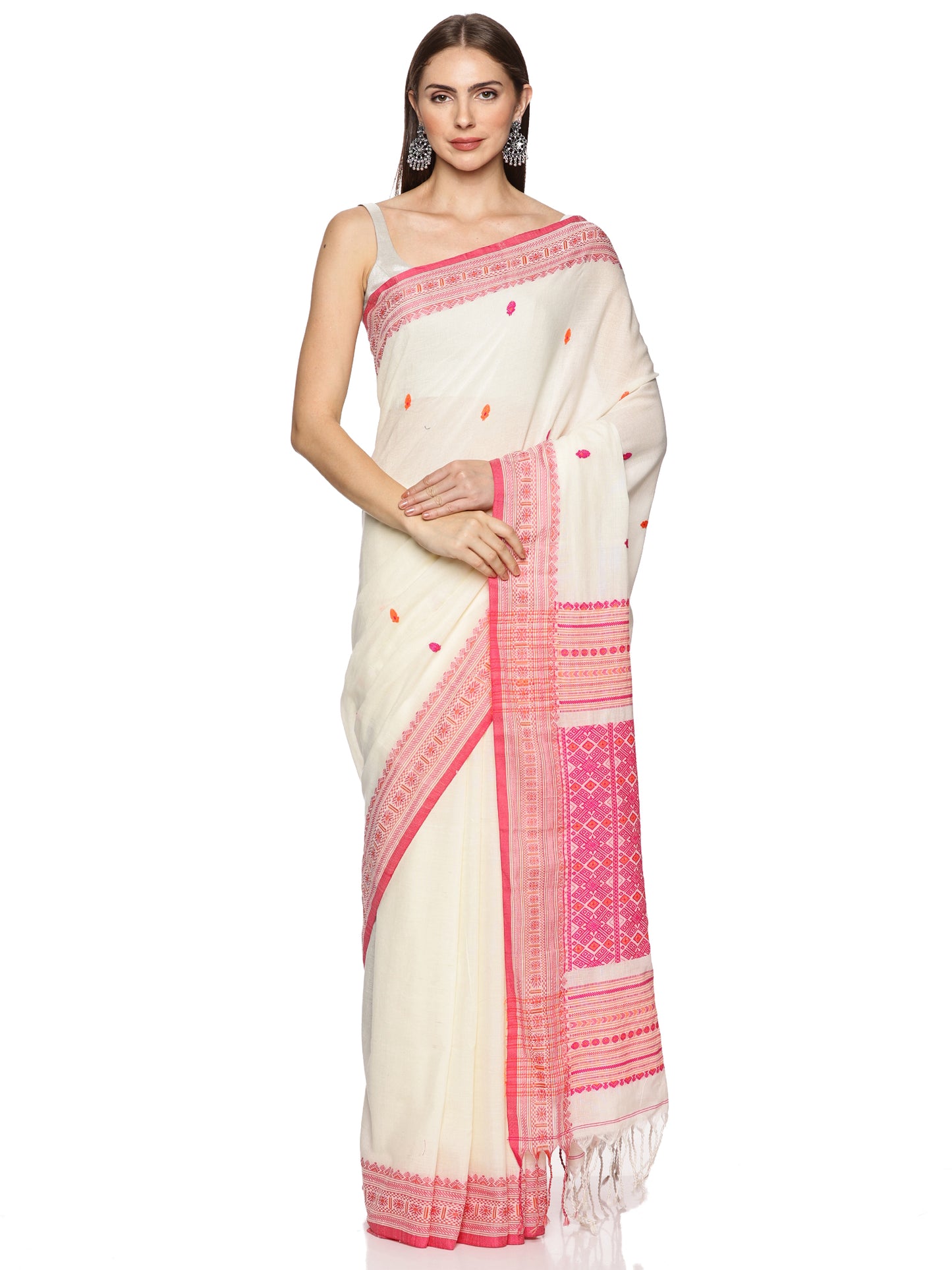 White Red Handwoven Khadi Cotton Saree