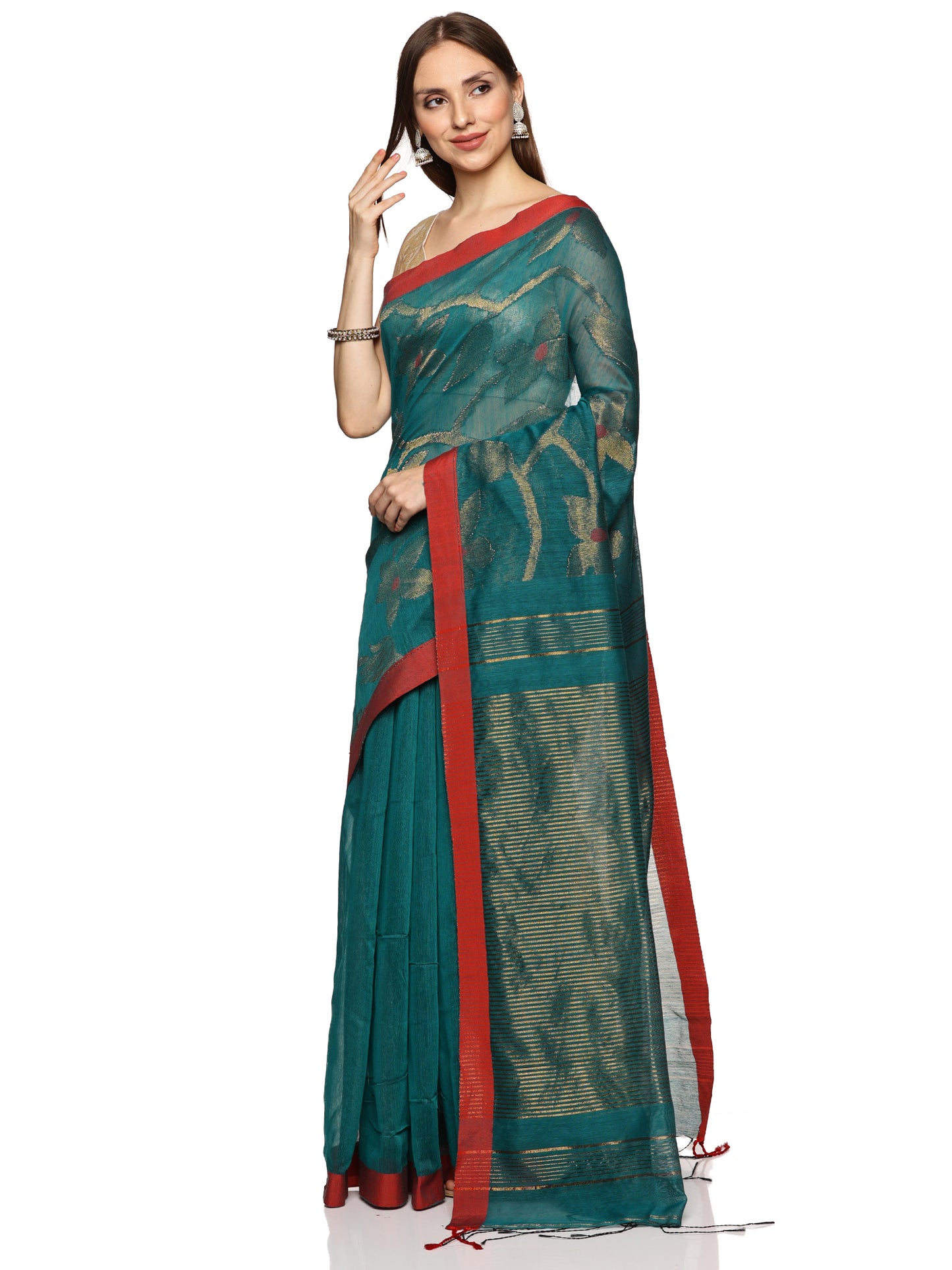 Green & Blue Allover Jari Work Handloom Saree