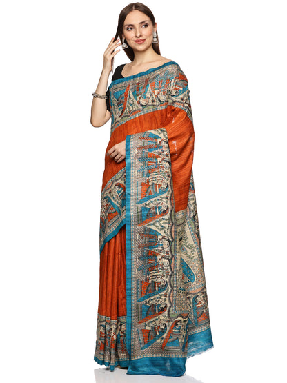 Orange & Blue border Pure Ghicha Tussar Saree