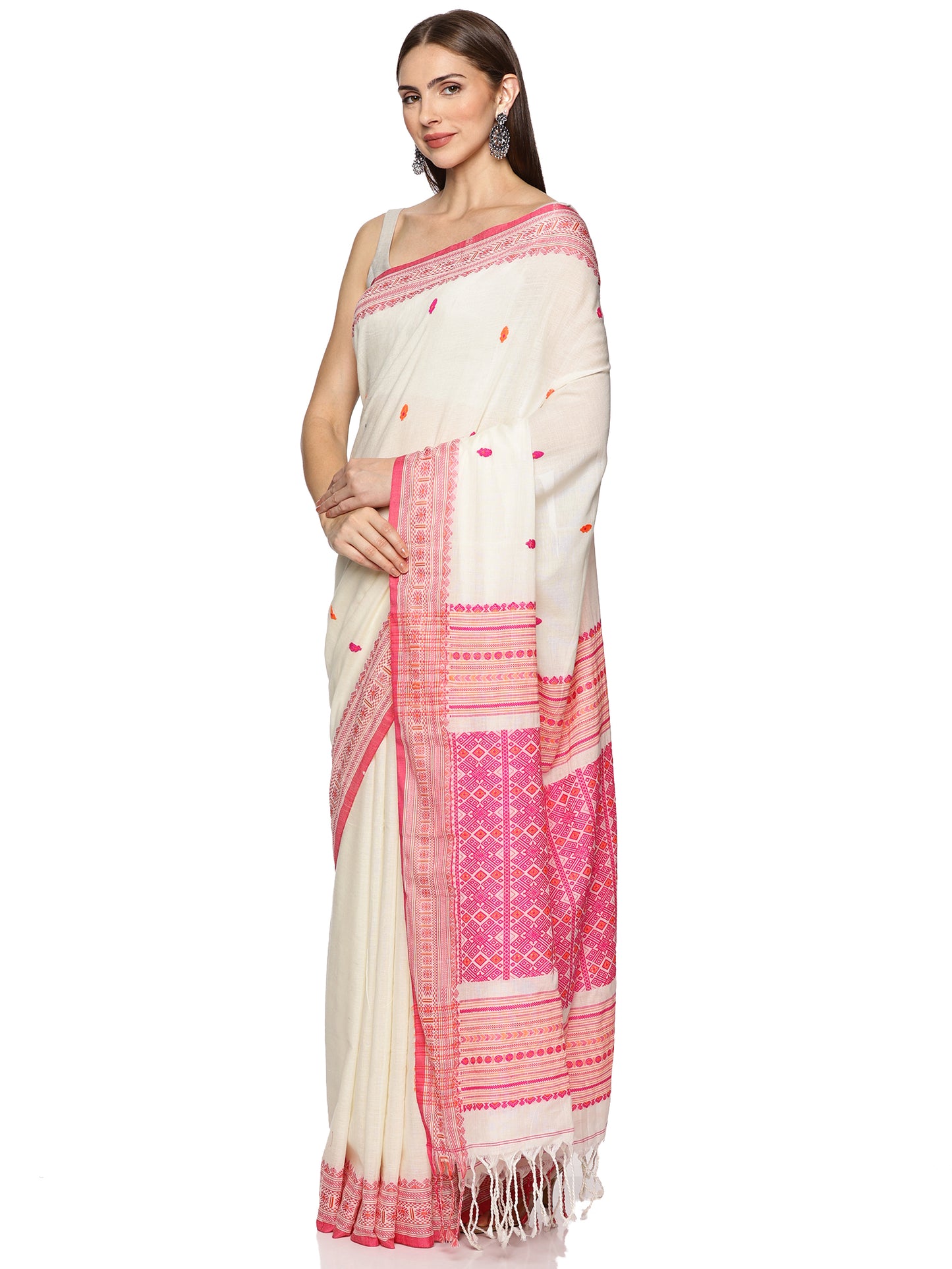 White Pink Handwoven Kadi Cotton Saree