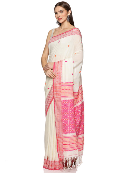 White Pink Handwoven Kadi Cotton Saree
