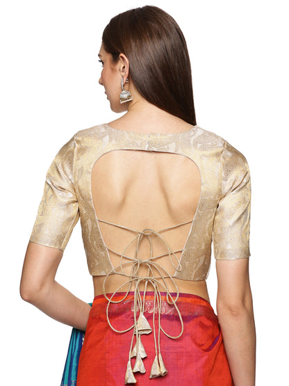 White and golden Banarasi Backless padded Blouses with Tie-ups