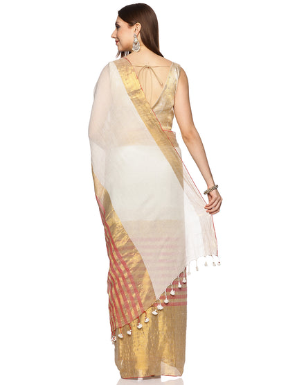 Gold White Malmal Cotton Jari Designer Saree