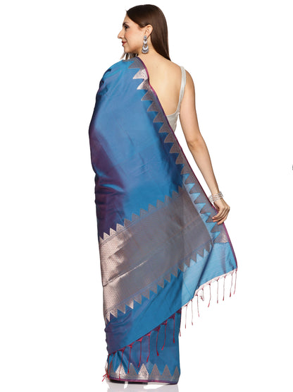 Blue Temple Border  Pure Silk Banarasi Saree