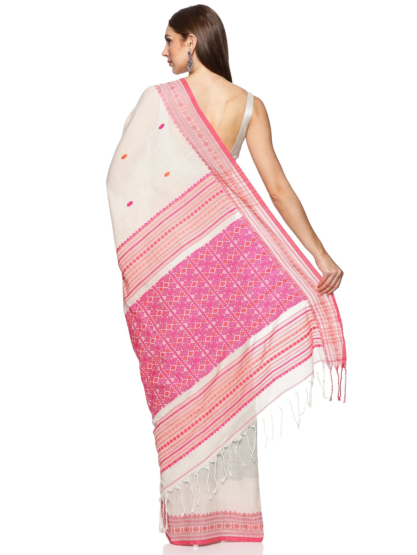 White Pink Handwoven Kadi Cotton Saree