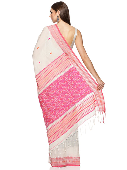 White Pink Handwoven Kadi Cotton Saree