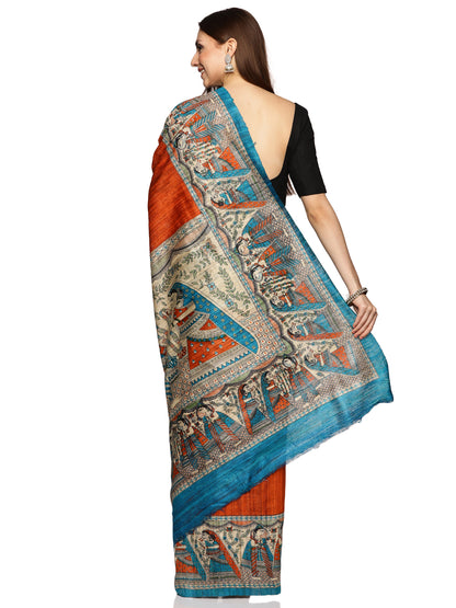 Orange & Blue border Pure Ghicha Tussar Saree