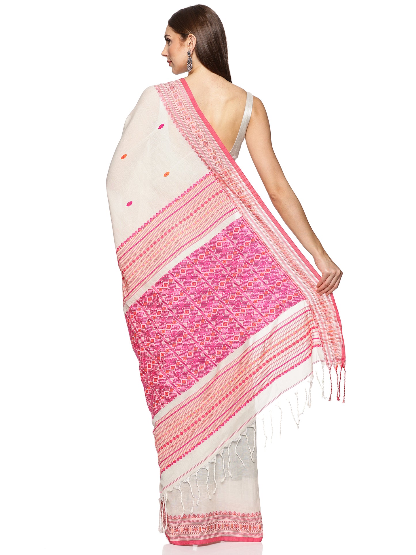 White Red Handwoven Khadi Cotton Saree