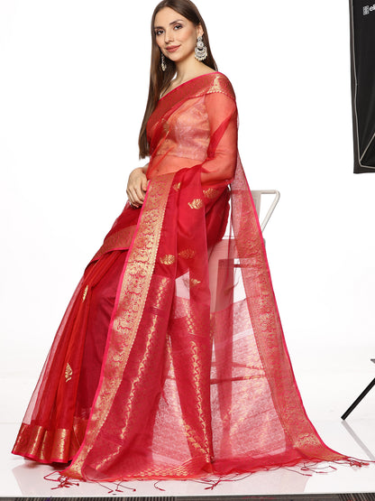 Pink Red Muslin Silk Jamdani Saree