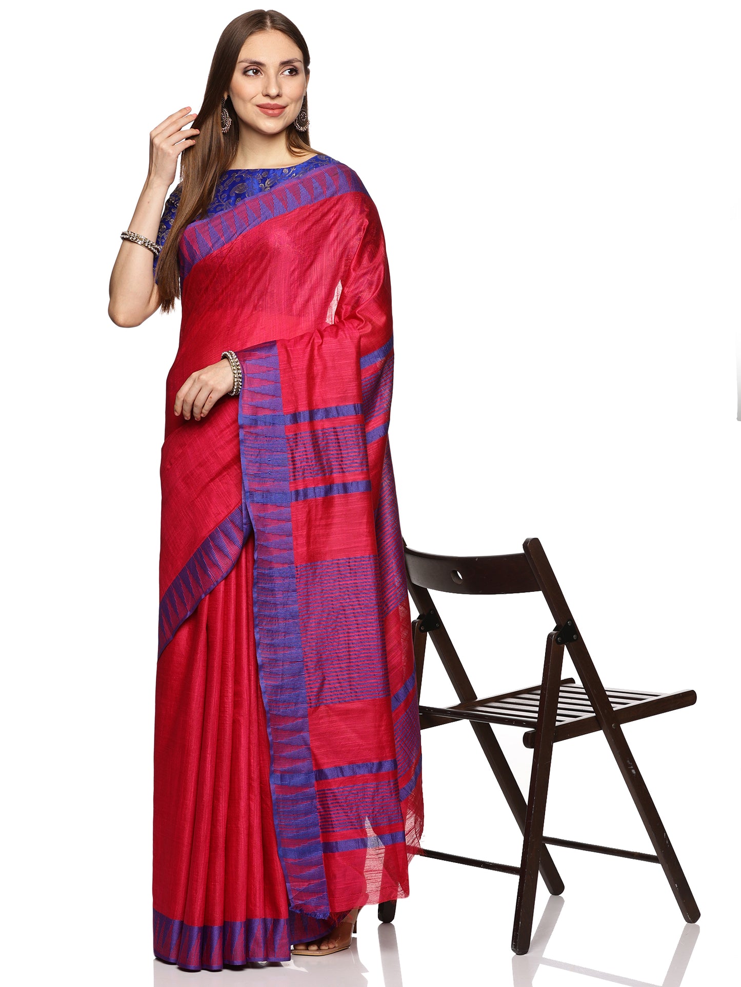 Red & Blue Pure Cotton Silk temple Border Saree