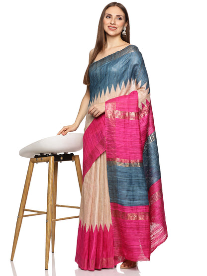 Blue and Pink Pure Gicha Tussar Saree