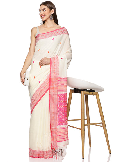 White Red Handwoven Khadi Cotton Saree